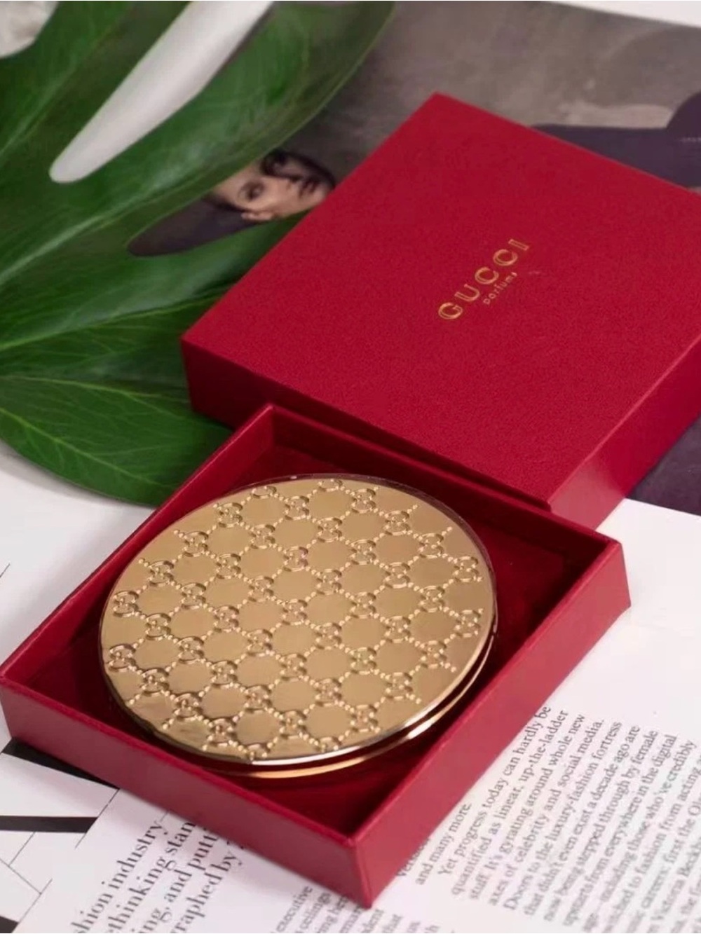 Gucci Gold Embossed Compact Mirror in Red Box